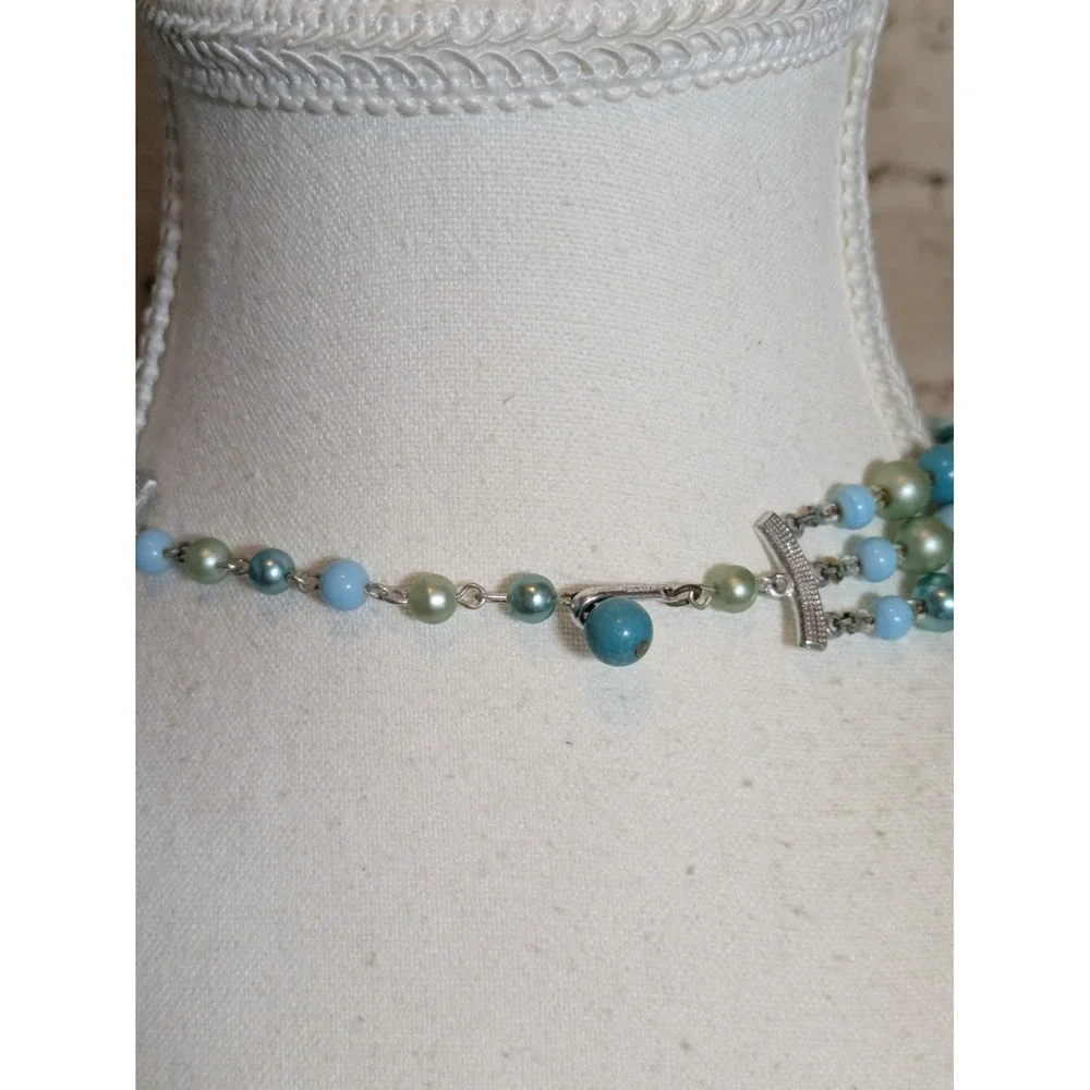 Vintage Japan Multi Strand Beaded Necklace In Faux Turquoise & Seafoam Green 14